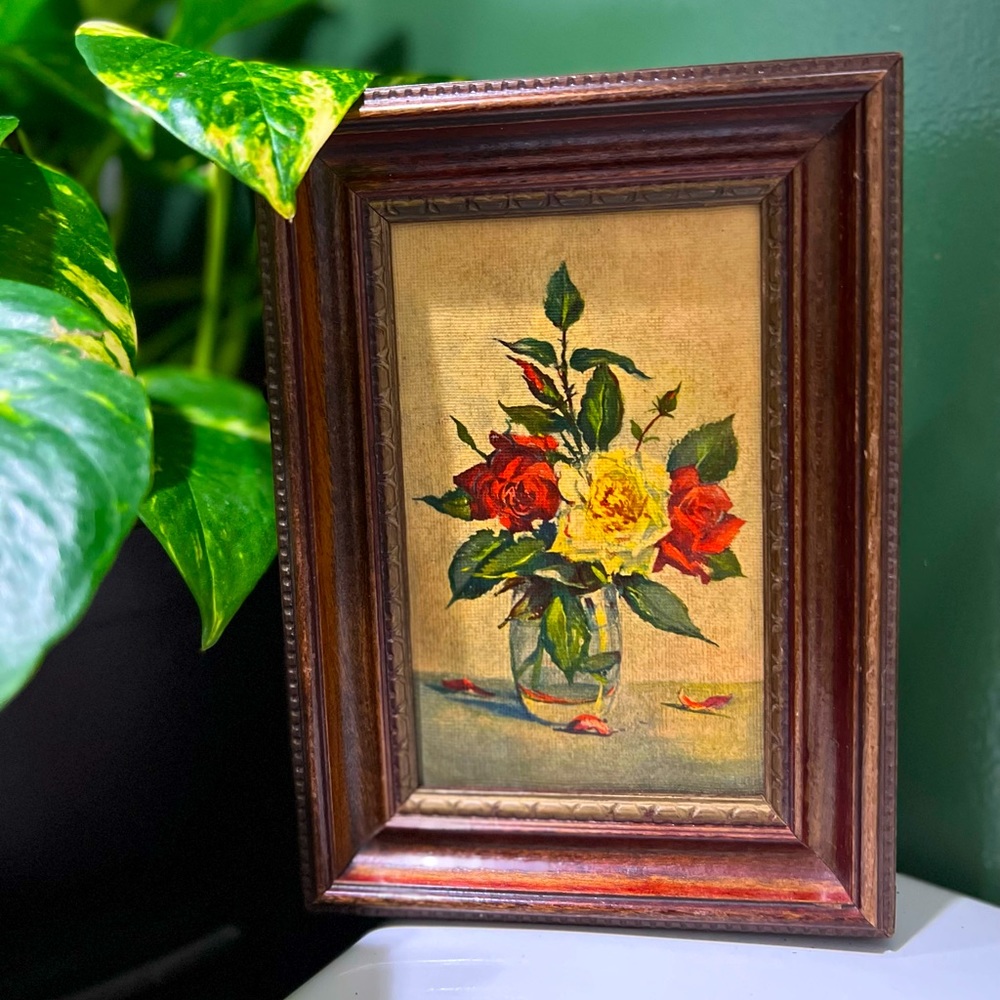 Vintage rose floral art painting wooden frame